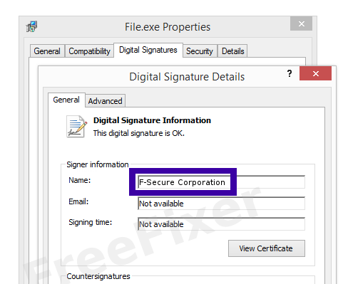 Screenshot of the F-Secure Corporation certificate